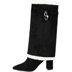 Women's Black Pull On Mid Calf Pointed Toe Chunky Heel Fur Collar Winter Boots